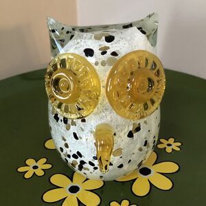 Art Glass Owl Figurine Paperweight 5" Tall Kitschy Handmade Gold Black Confetti